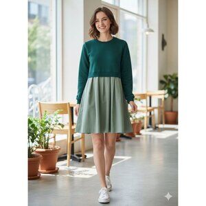 Ces Femme Green Colorblock Pleated Midi‎ Sweater Dress Sz S Oversized A Line